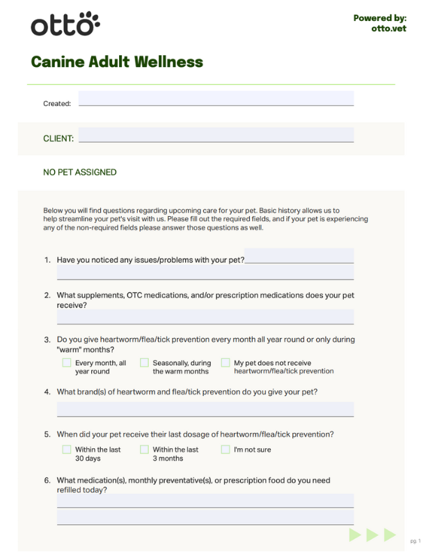 Canine Adult Wellness Form Preview of the front desk efficiency checklist