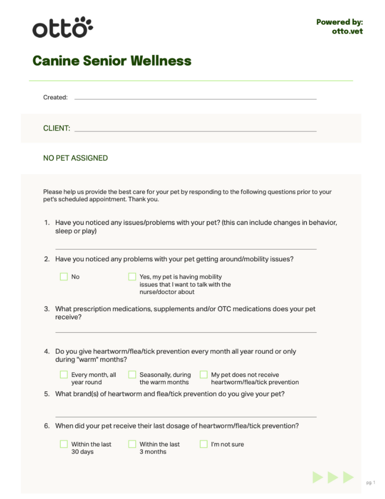 Canine Senior Wellness Form Front Page Preview of the front desk efficiency checklist